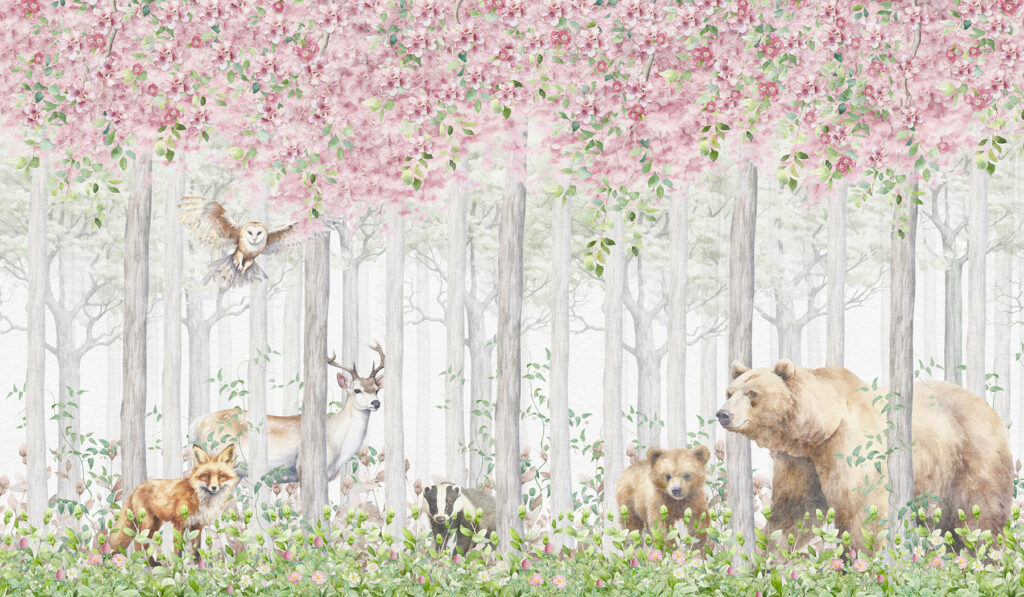 Animales bajo ramas rosas — diseño completo