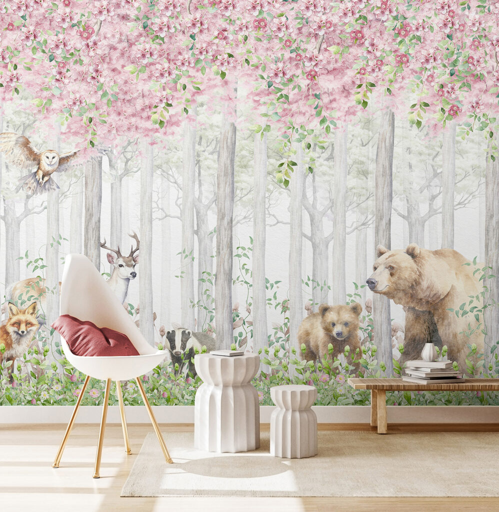 Animales bajo ramas rosas en un interior