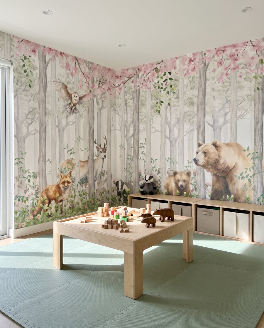 Animales bajo ramas rosas en un interior