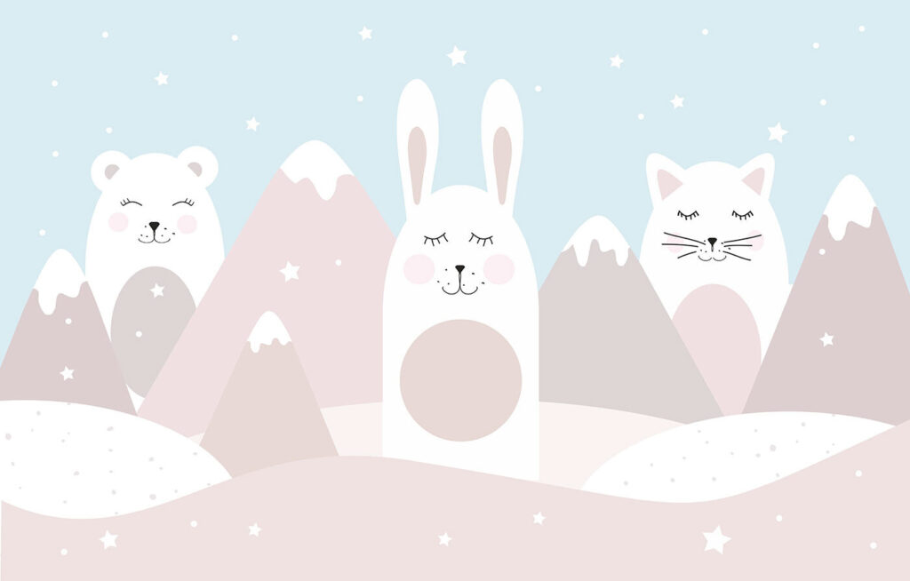 Amigos entre montañas nevadas — diseño completo