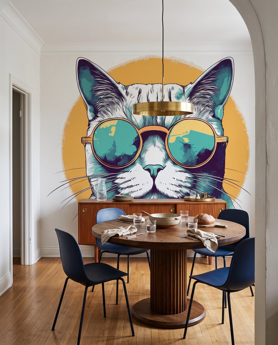 Gato con gafas redondas en un interior