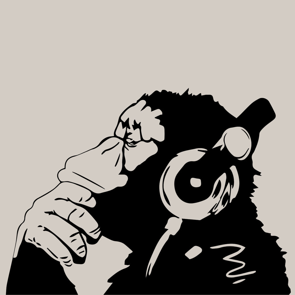 Mono escuchando auriculares — diseño completo
