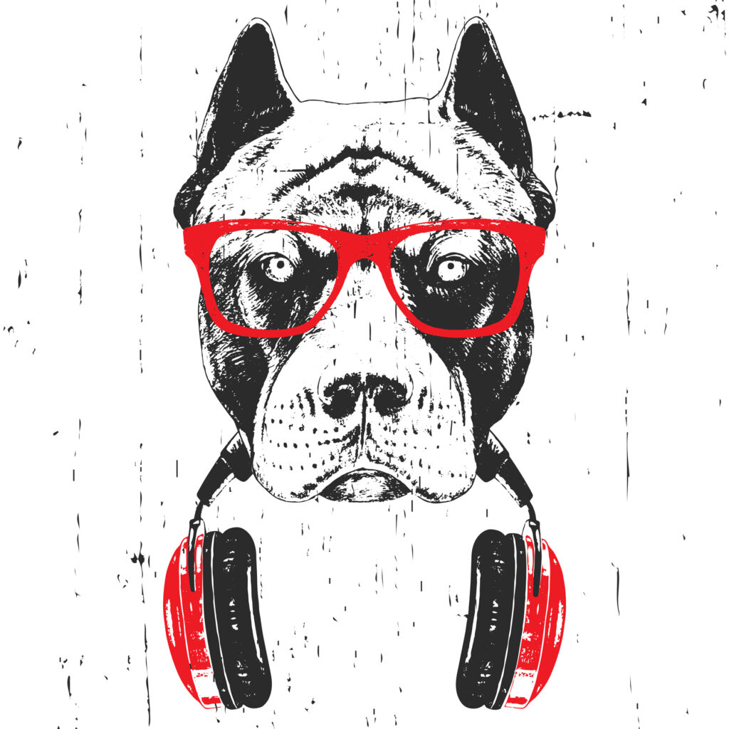 Perro con auriculares rojos — diseño completo