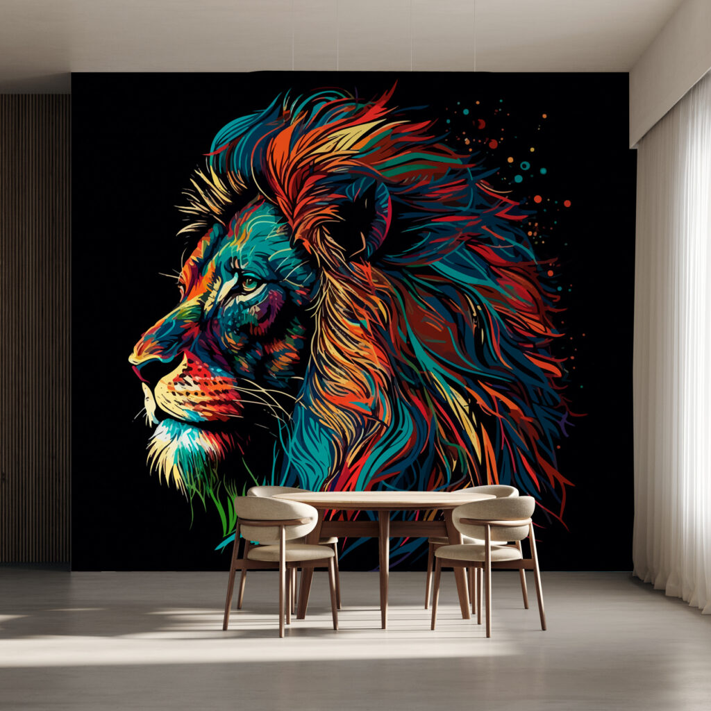 León de melena ardiente en un interior