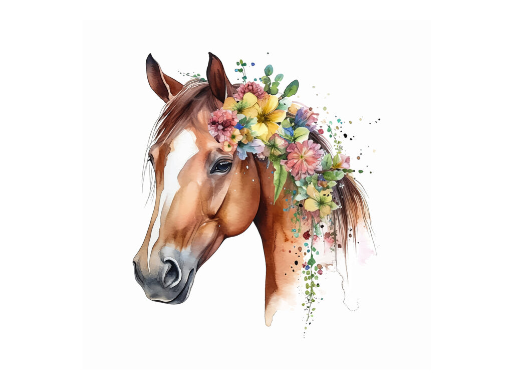 Caballo de melena floral — diseño completo