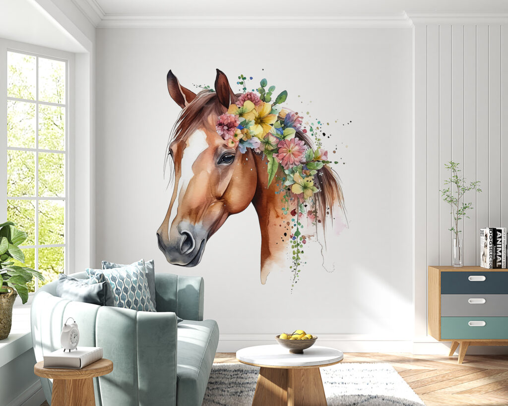 Caballo de melena floral en un interior
