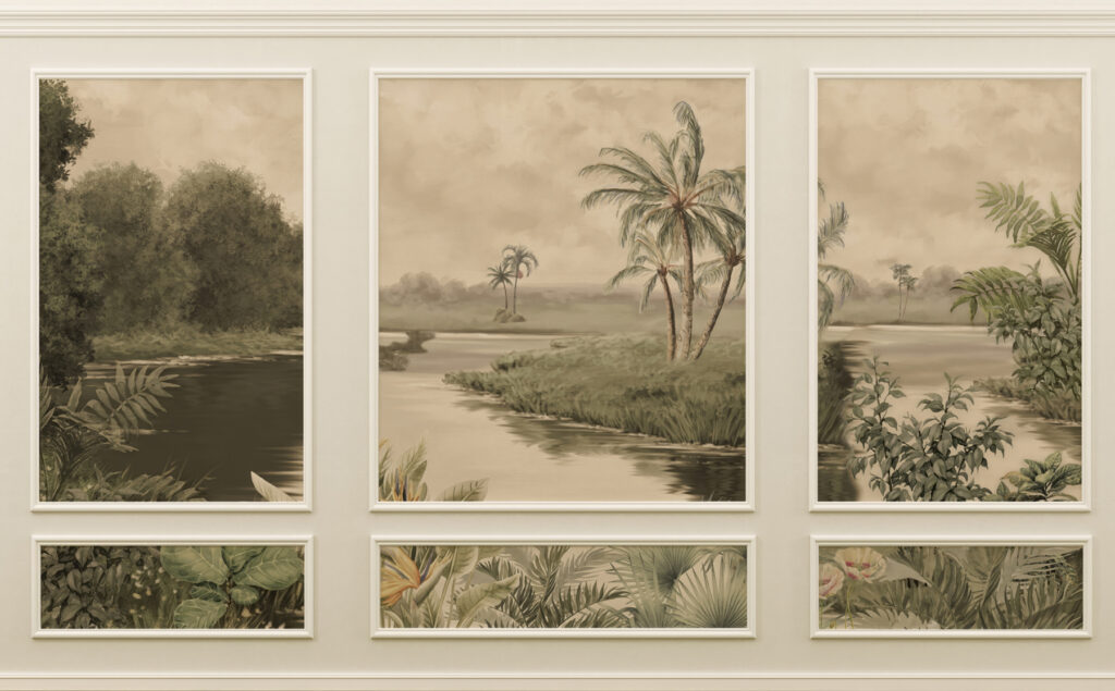 Río tropical con paneles — diseño completo