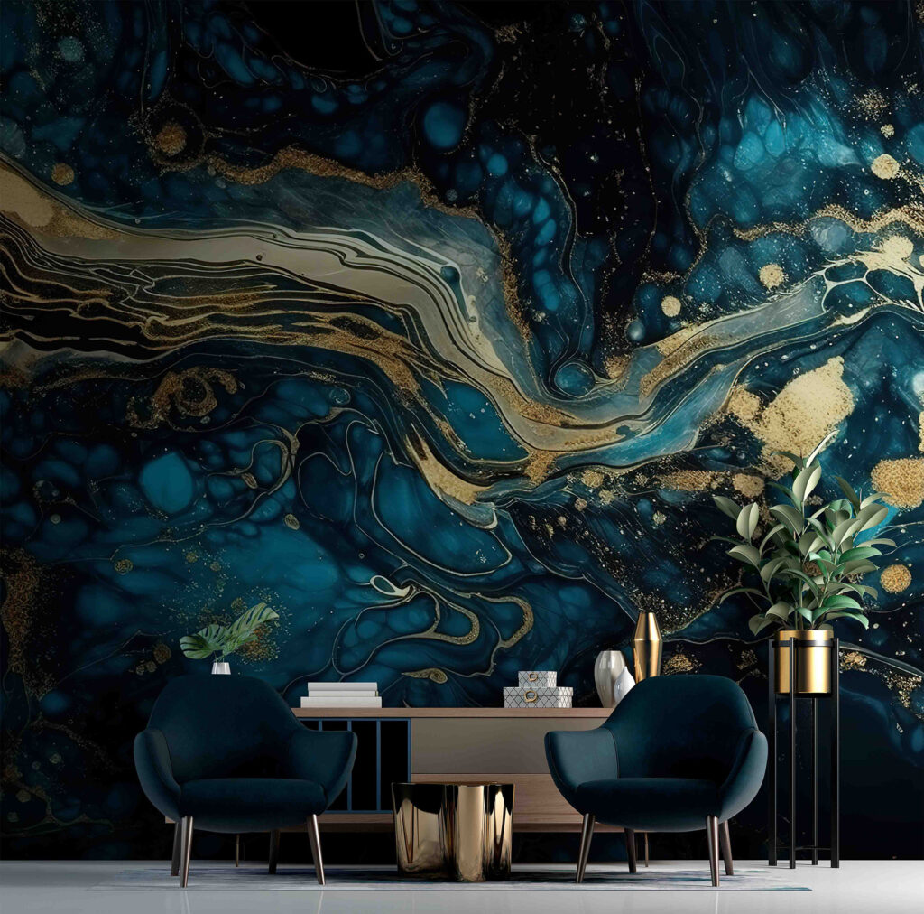 Vetas doradas sobre azul en un interior