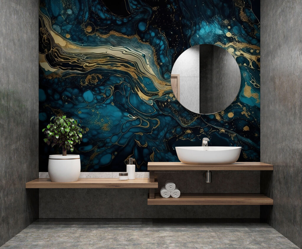 Vetas doradas sobre azul en un interior