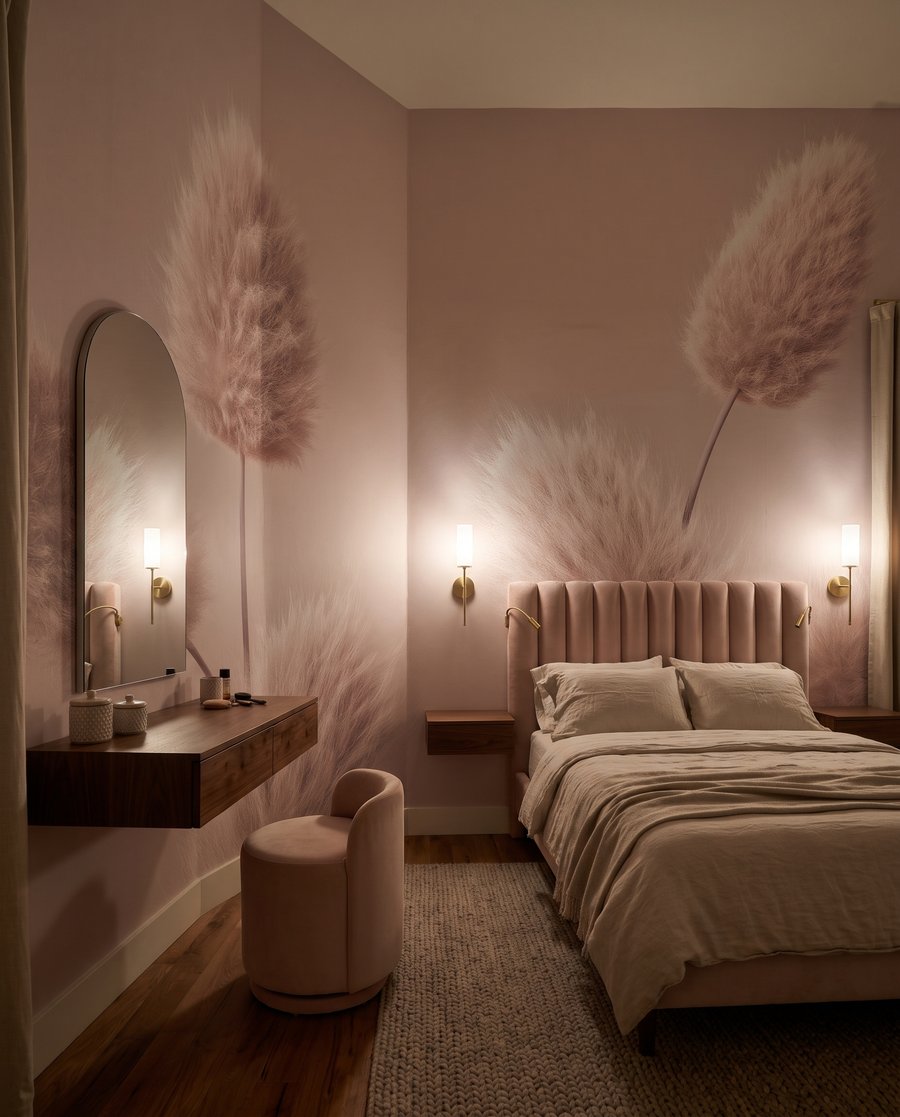Plumas rosas de hierba en un interior