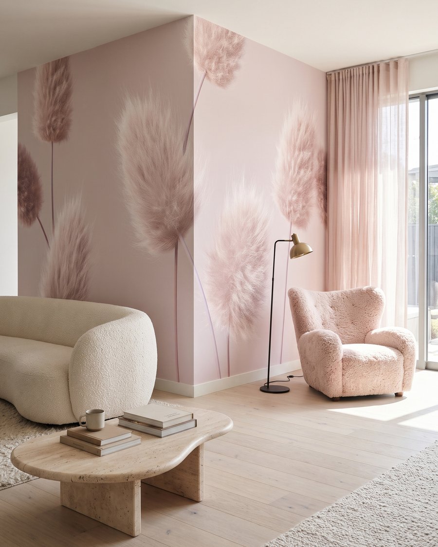 Plumas rosas de hierba en un interior