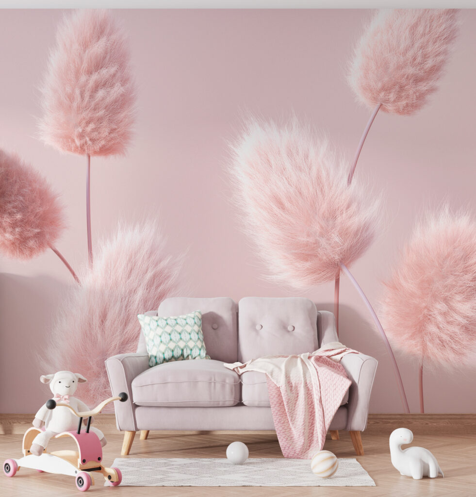 Plumas rosas de hierba en un interior