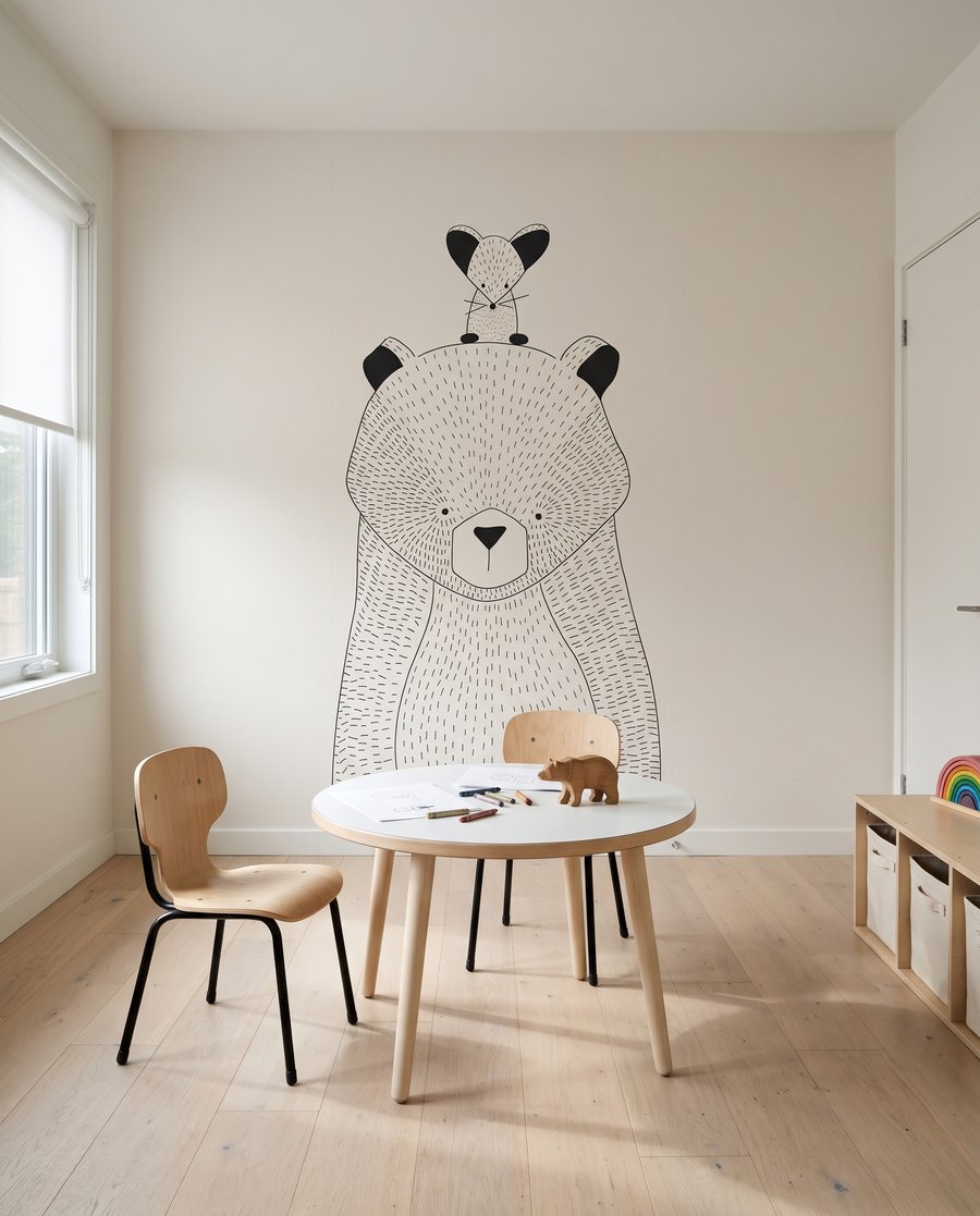 Ratoncito sobre un oso en un interior