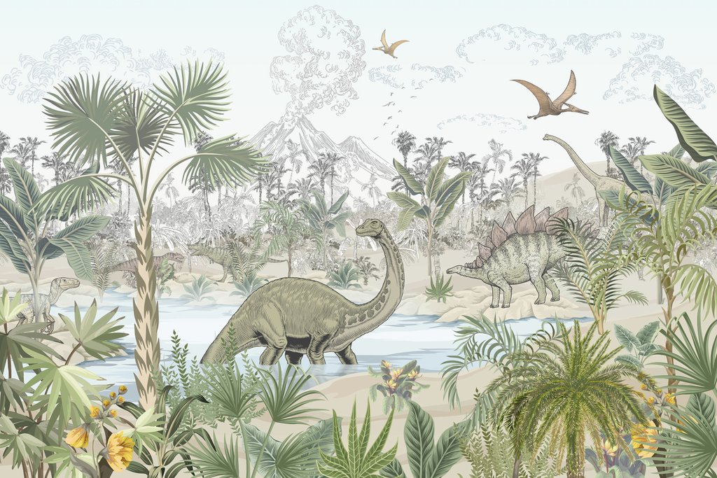 Dinosaurios junto al estanque — diseño completo