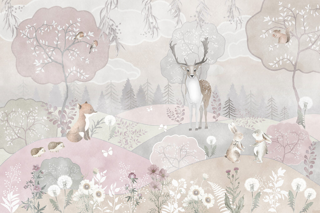 Animales en colinas rosas — diseño completo