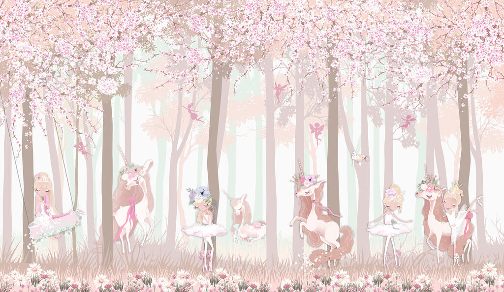 Unicornios en bosque rosa — diseño completo