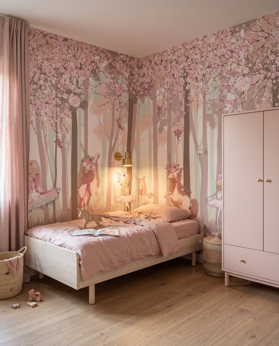 Unicornios en bosque rosa en un interior
