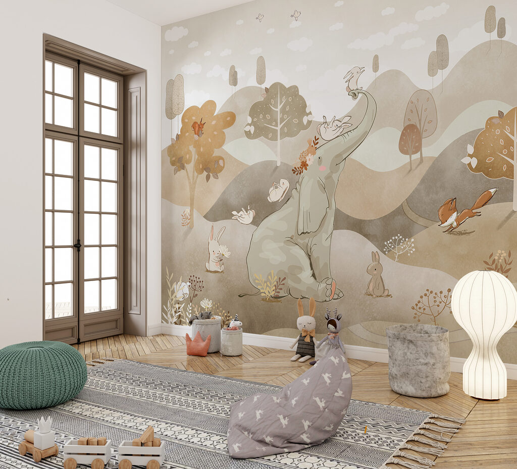 Elefante y sus amigos en un interior