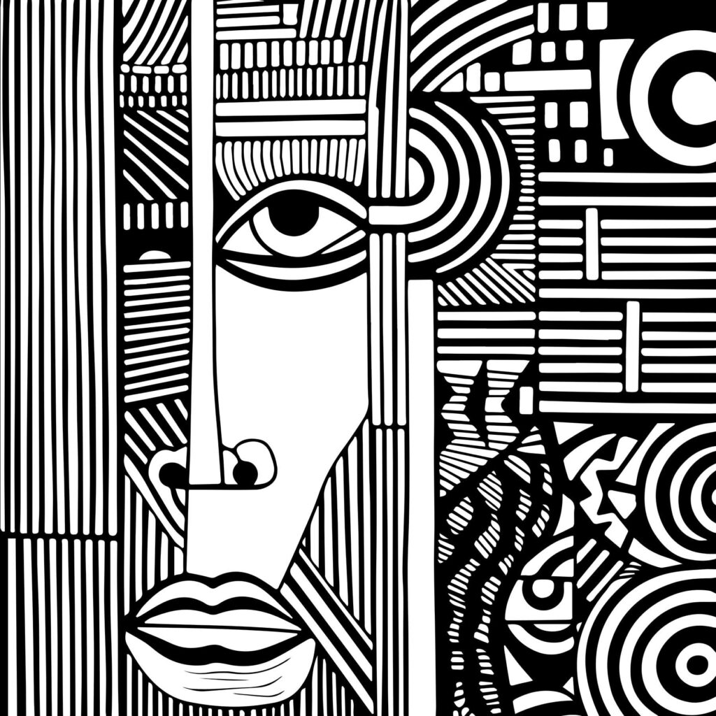 Rostro alargado entre líneas — diseño completo