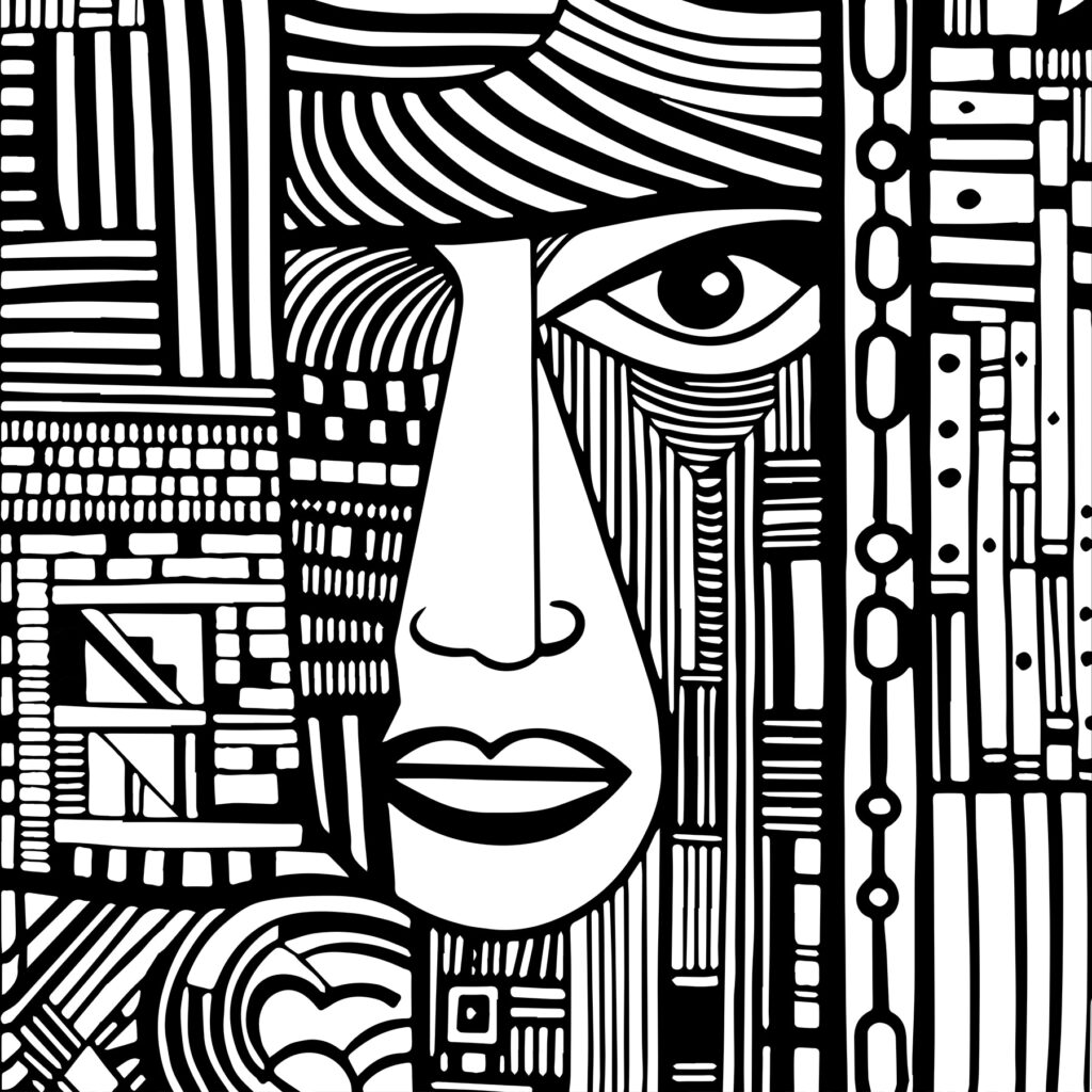 Rostro entre franjas verticales — diseño completo