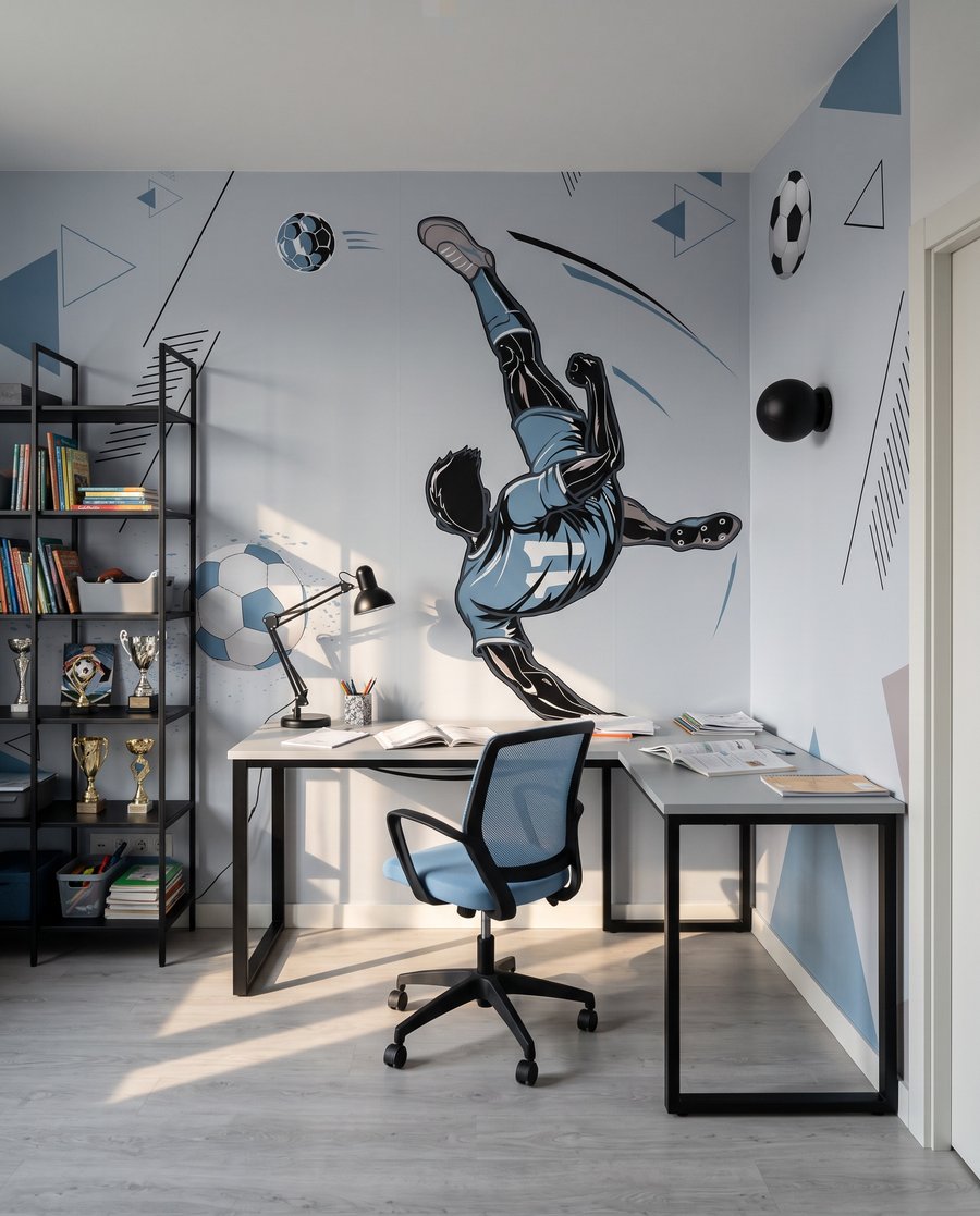 Futbolista en salto azul en un interior
