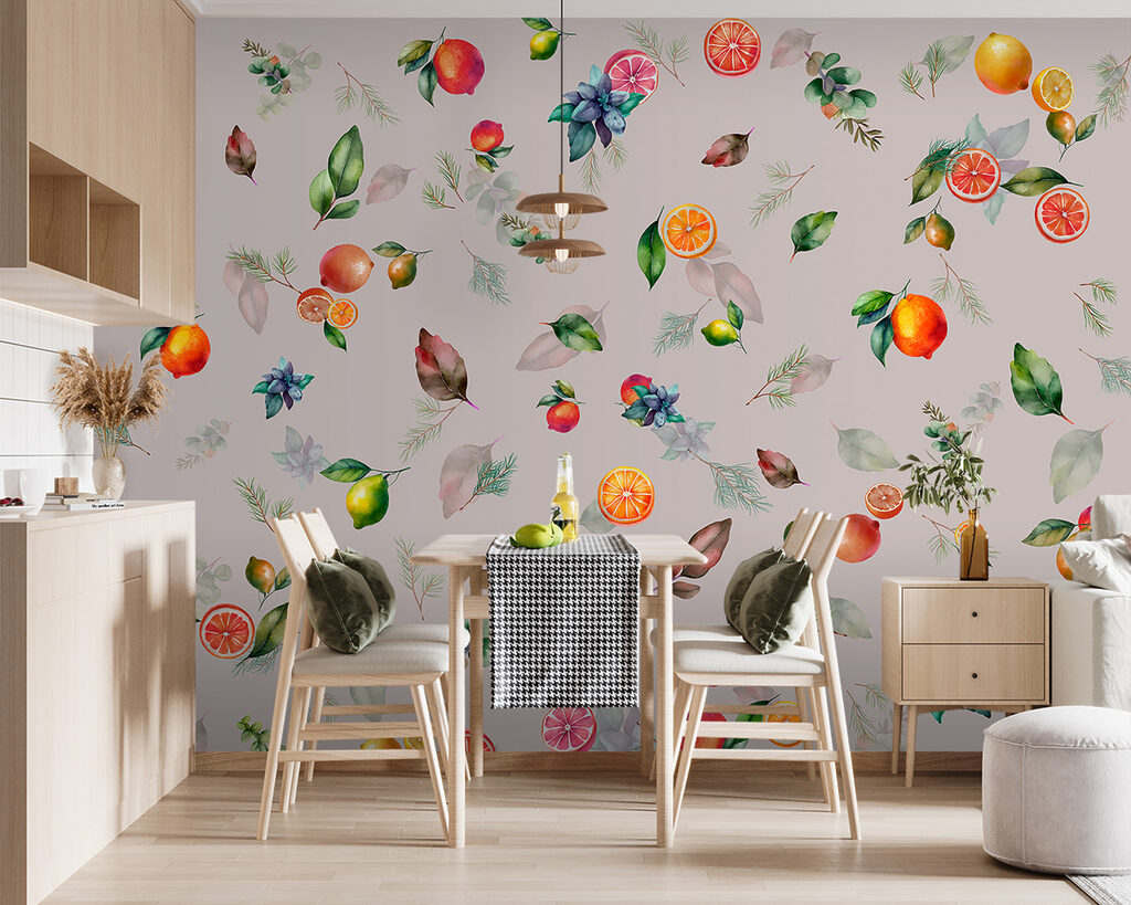 Frutas y ramitas en un interior