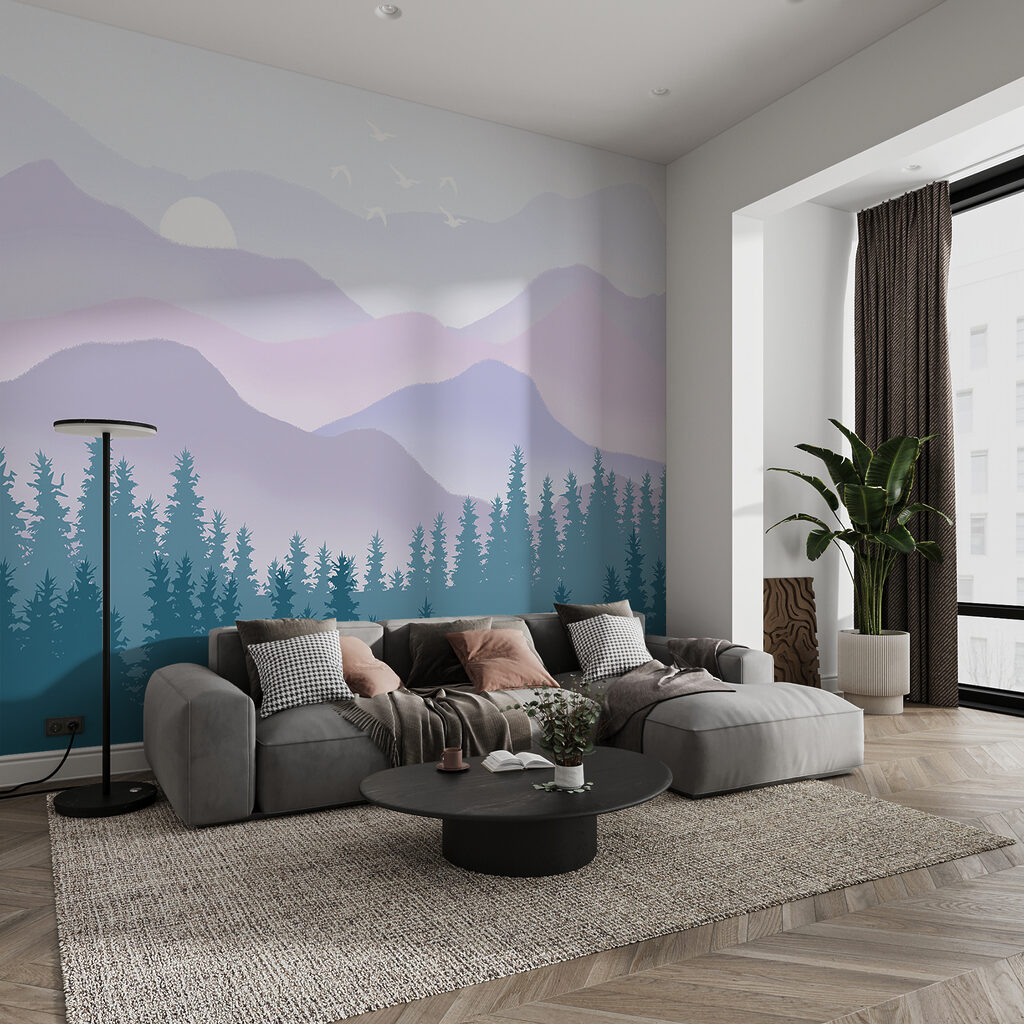 Pinos y montañas en un interior