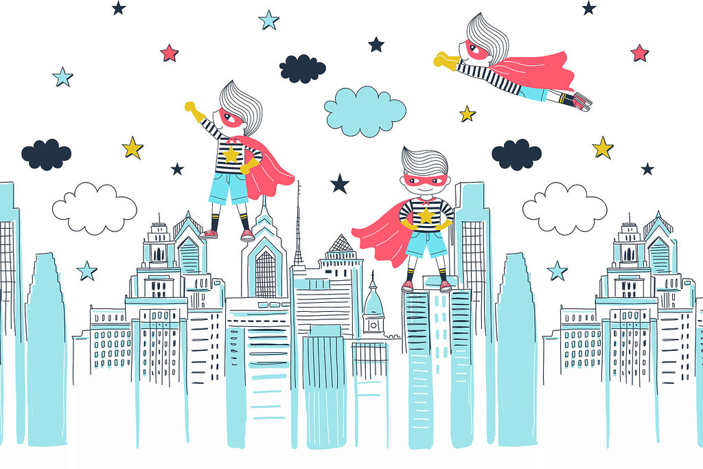Superhéroes sobre la ciudad — diseño completo