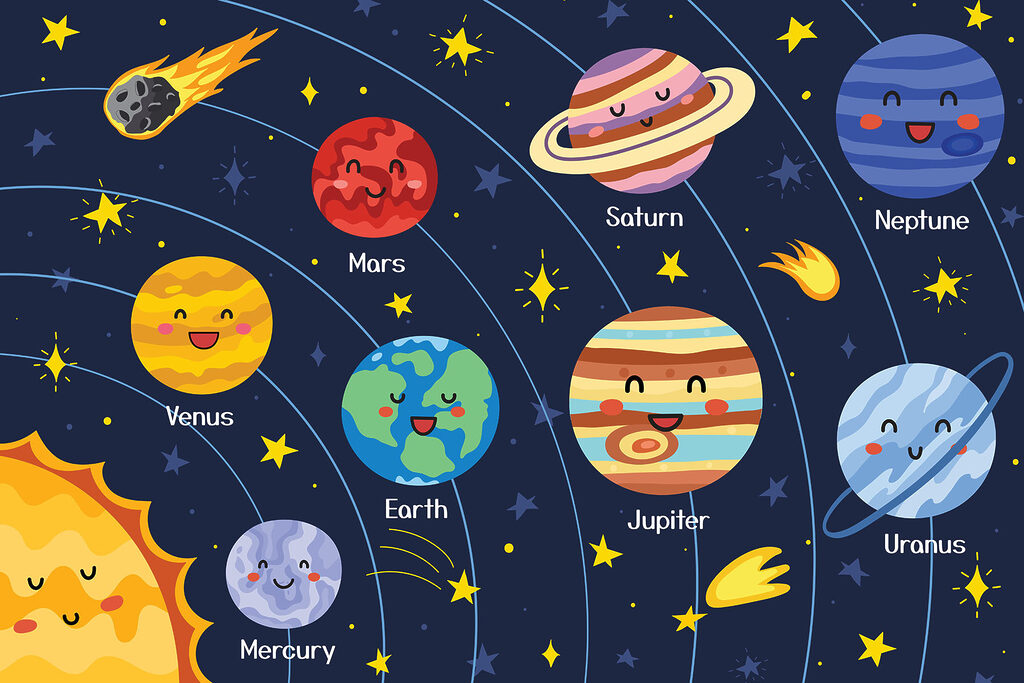 Planetas con caras alegres — diseño completo
