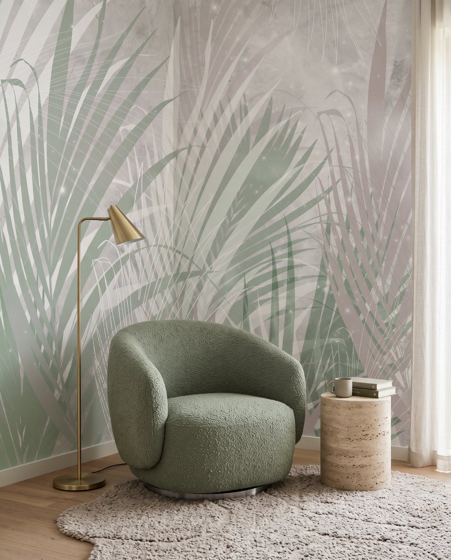 Hojas de palmera difusas en un interior