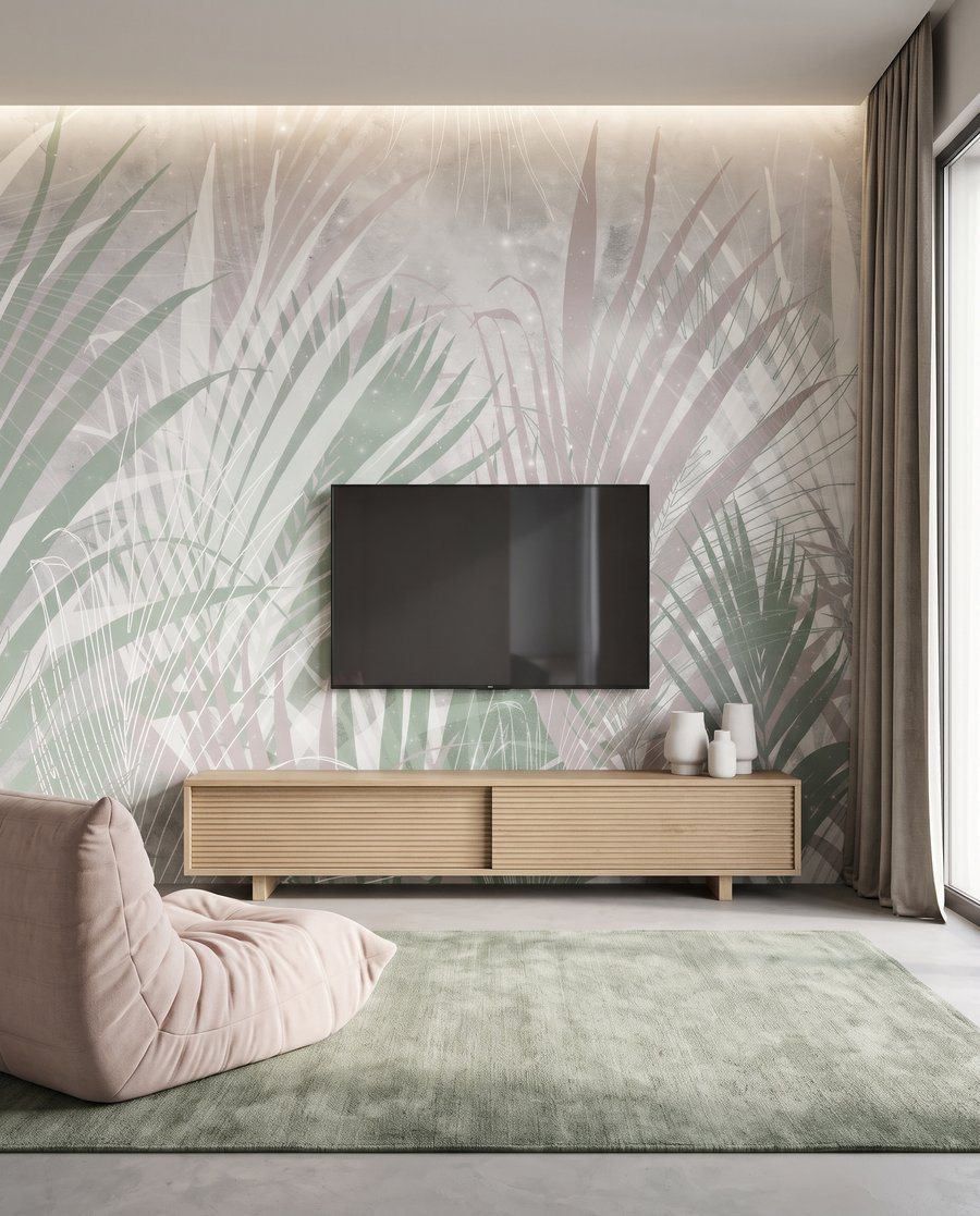 Hojas de palmera difusas en un interior