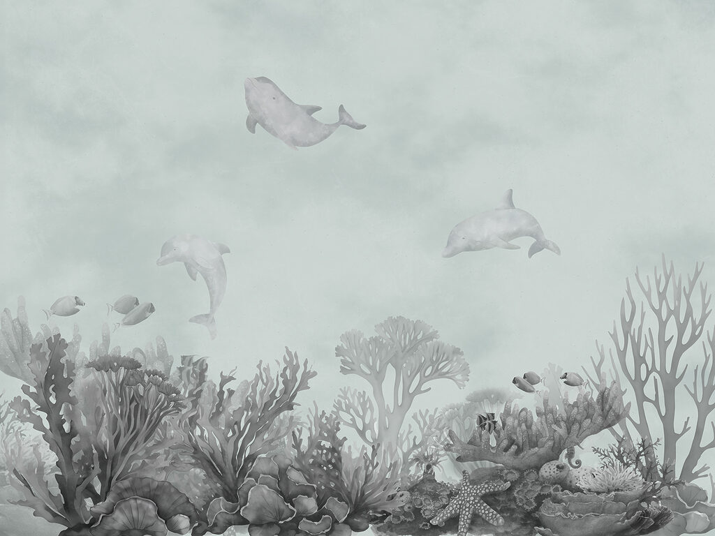 Delfines sobre corales — diseño completo