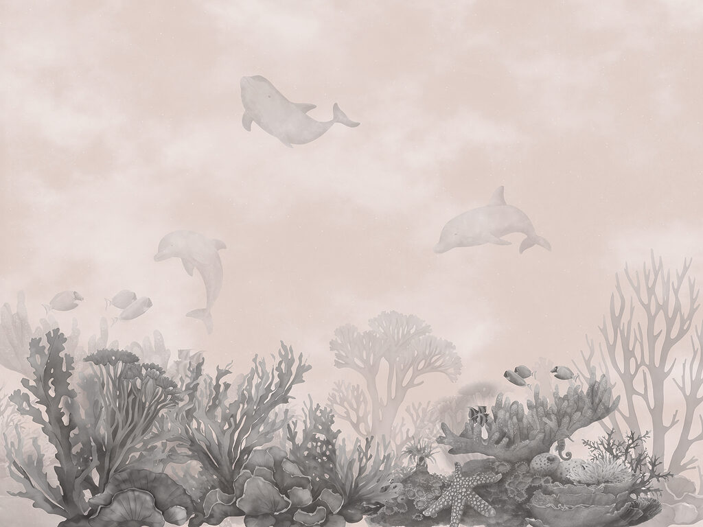 Delfines sobre corales — diseño completo