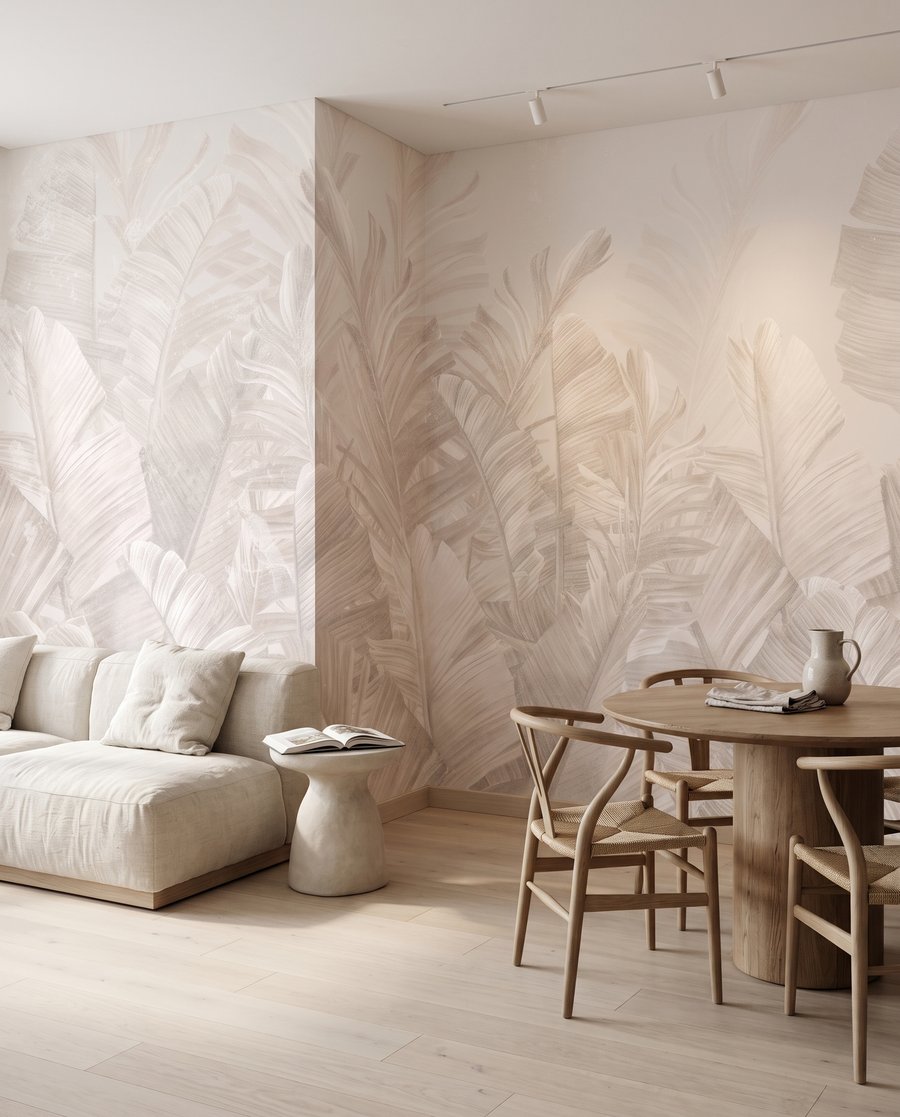 Hojas tropicales pálidas en un interior