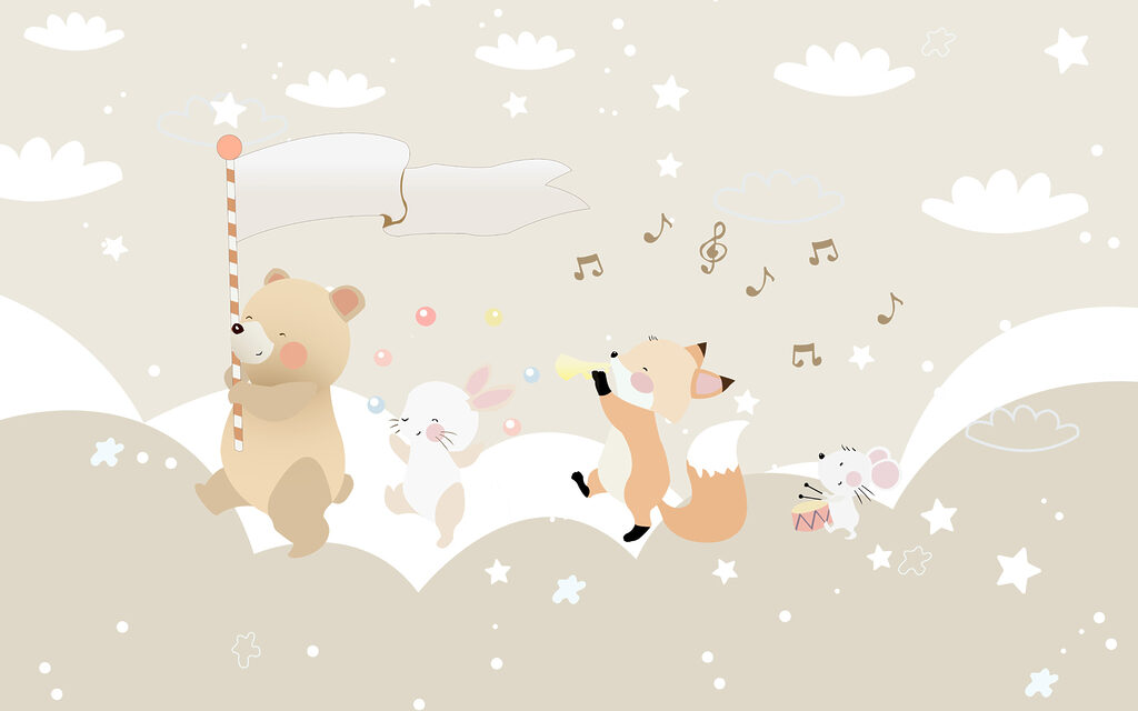 Animales músicos entre nubes — diseño completo