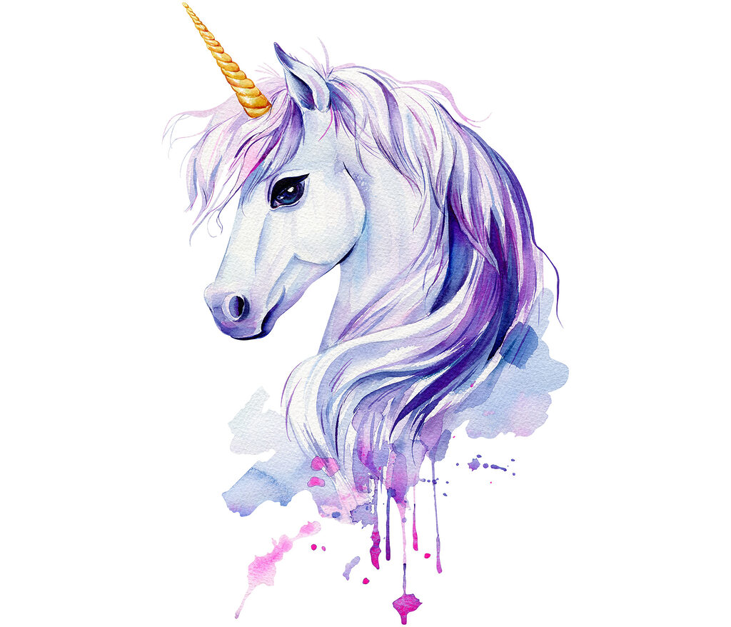 Unicornio en acuarela morada — diseño completo