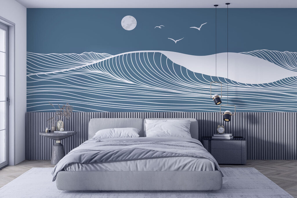 Olas blancas y luna en un interior