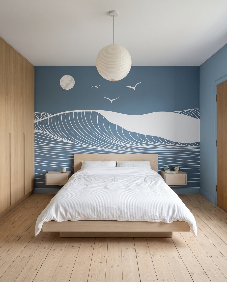 Olas blancas y luna en un interior