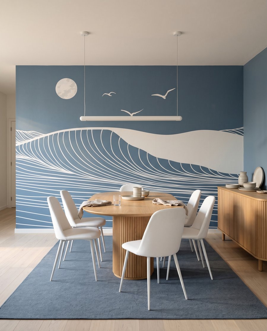 Olas blancas y luna en un interior