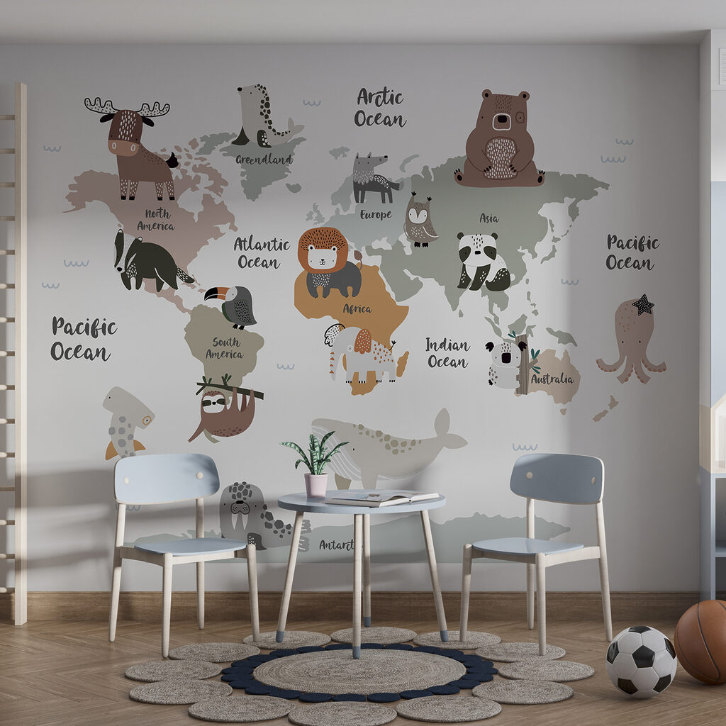 Animales sobre mapa gris — interior 1