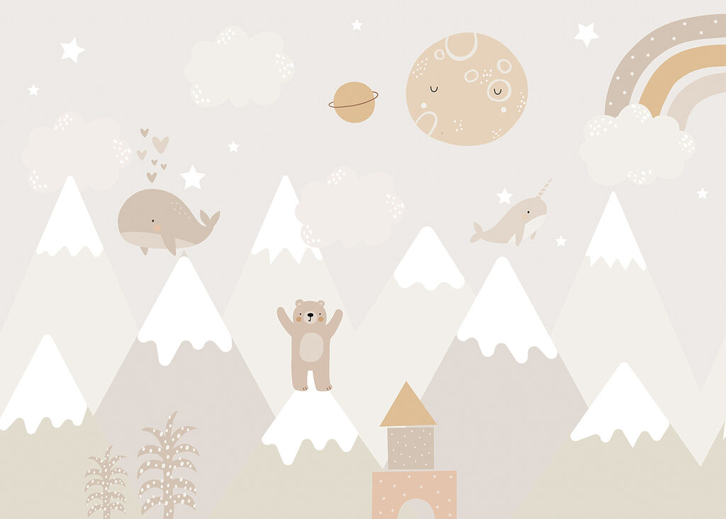 Ballena entre montañas suaves — diseño completo