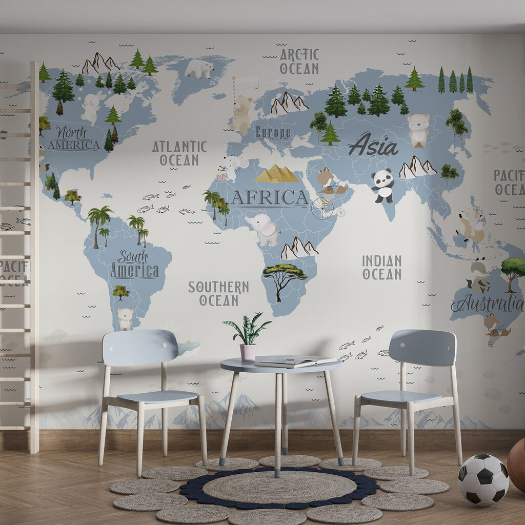 Mapa ilustrado con animales en un interior
