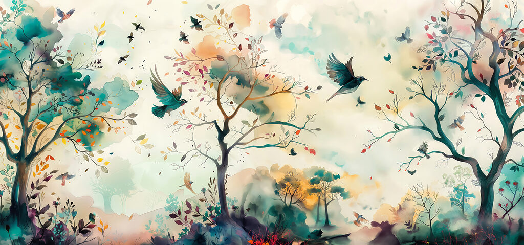 Pájaros en bosque acuarela — diseño completo