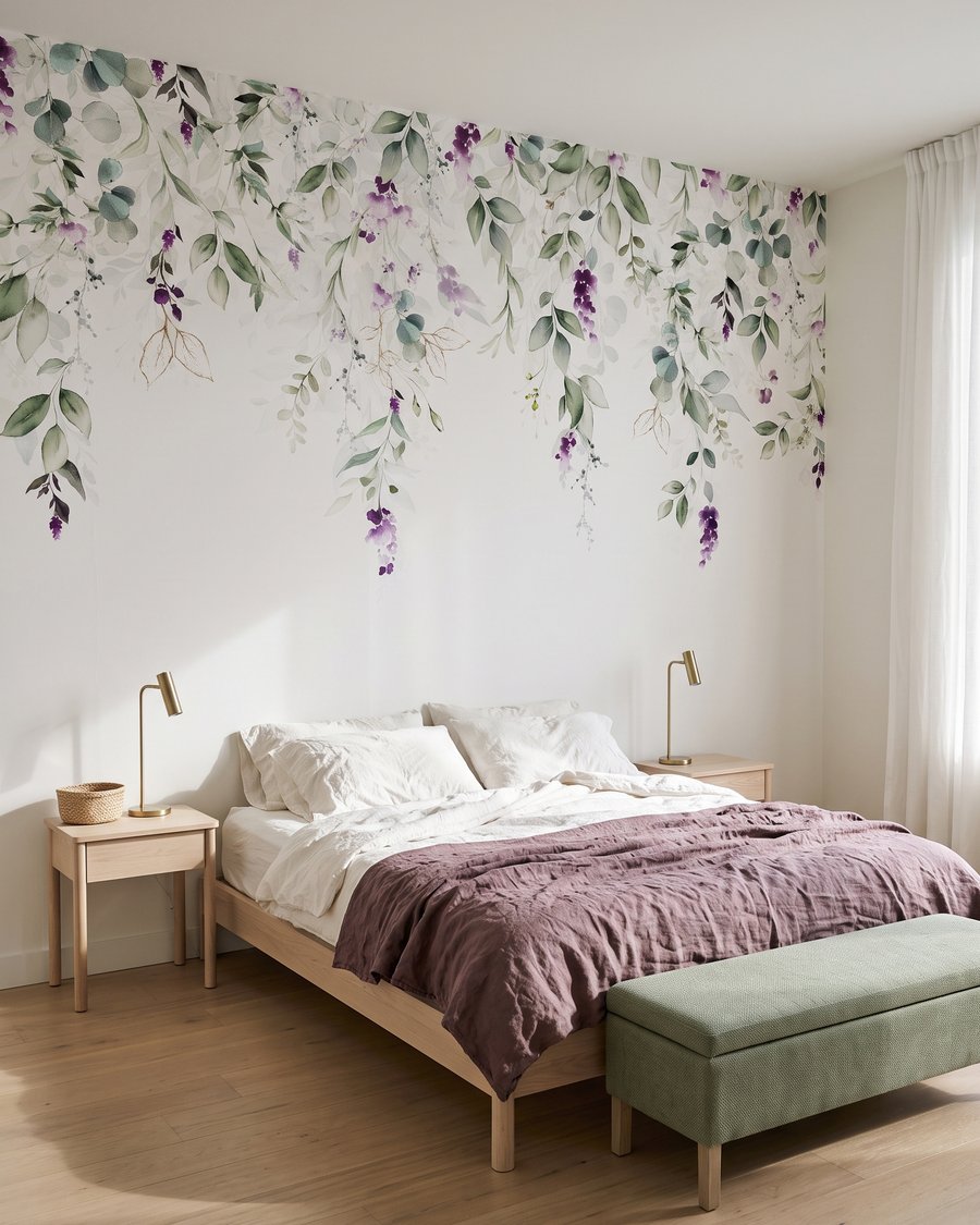 Ramas con flores moradas en un interior