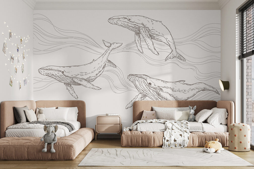 Tres ballenas entre olas — interior 2