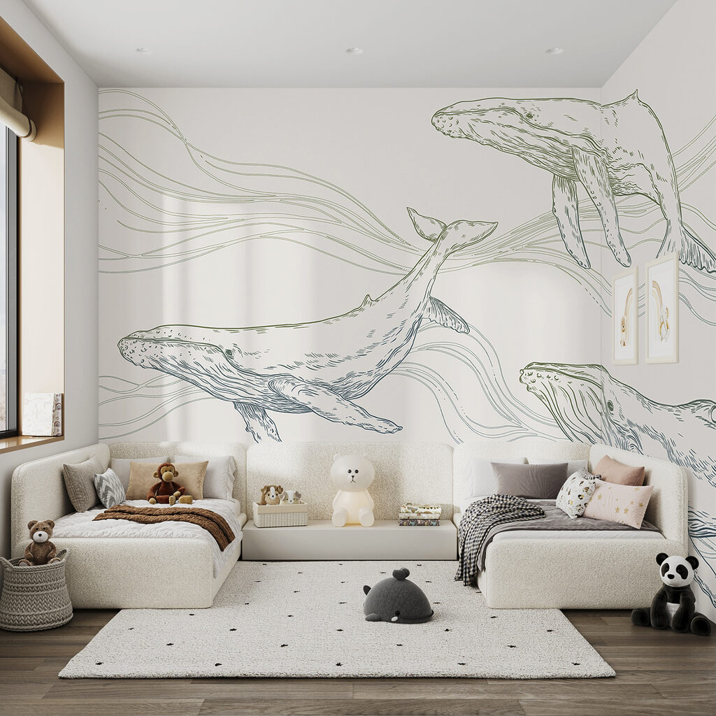 Tres ballenas entre olas — interior 1