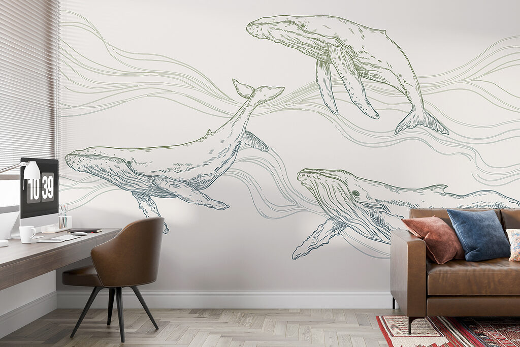 Tres ballenas entre olas — interior 2
