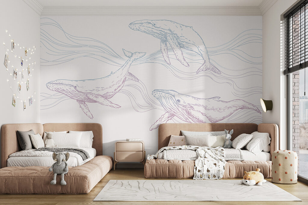 Tres ballenas entre olas — interior 1