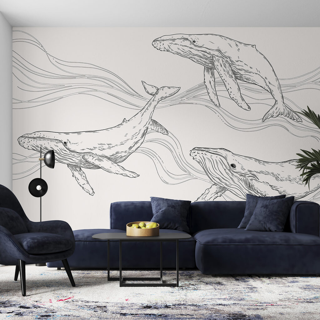 Tres ballenas entre olas — interior 2