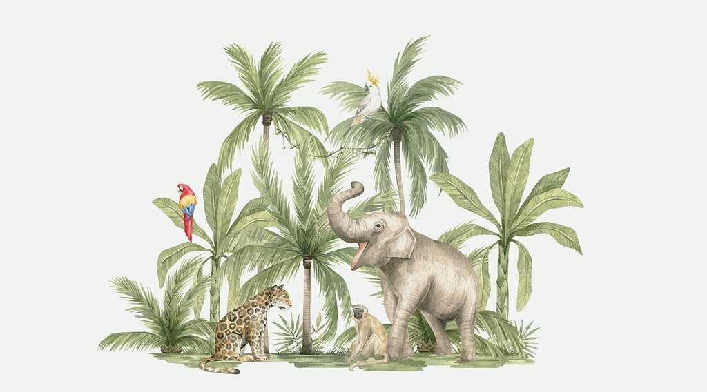 Elefante entre palmeras claras — diseño completo